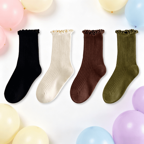 Girls Ruffle Crew Socks 4-Pack Soft Cotton Breathable Coffee Ribbed Stretchy Cute for School and Everyday Wear,Size 1 T