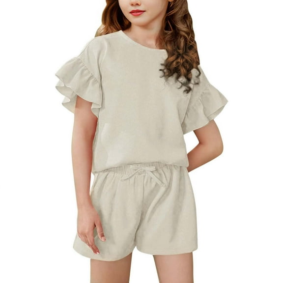 Girls' Ruffle Crewneck Short Sleeve Top and Elastic Waist Shorts Clothing Set Summer Lightweight Casual Two Piece Outfits (4-5 Years)