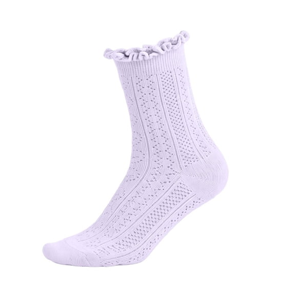 Girls Ruffle Cuff Mesh Crew Socks, Breathable Hollow Out Mid Calf Socks, Solid Color Scalloped Edge Kids Socks Purple 6-8Years