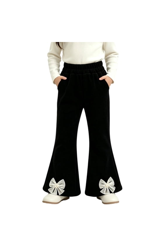 Girls Ruffle Elastic Waist Corduroy Bootcut Pants, Loose Fit Bow Pearl Accent Hem Stretch Trousers Black 1-2Years