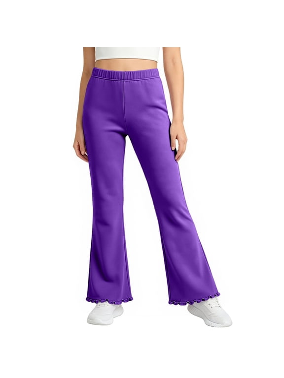 Girls Ruffle Hem Flared Leggings Slim Fit Stretch Waist Pull On Pants Full Length Knit Base Layer Trousers for Kids