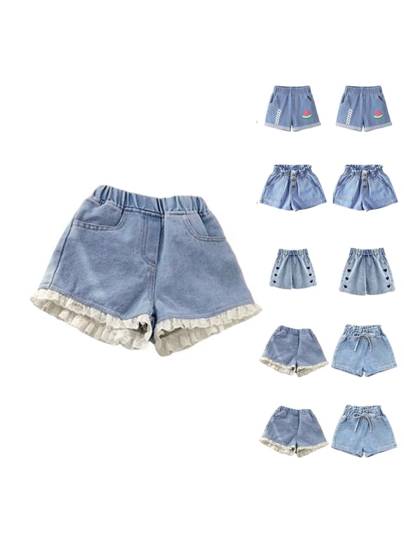 Girls Ruffle Jean Shorts Back Elastic Denim Shorts, Lace Hem Summer Casual Bottoms