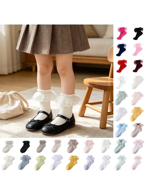 Girls Ruffle Lace Crew Socks, Soft Cotton Frilly Turn‑Cuff Dress Socks for Toddler Little Girls 1‑12 Years, Princess Pageant Wedding Church Back‑to‑School Daily Dress Outfit