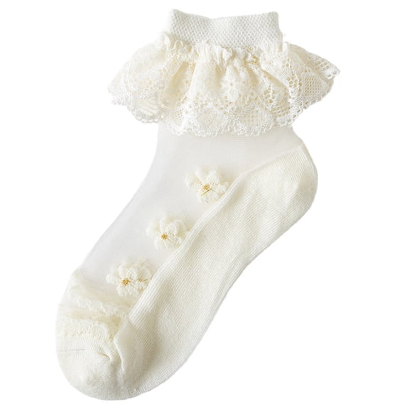 Girls Ruffle Lace Socks Eyelet Floral Mesh Cotton Frilly Ankle Soft Dress Kids Princess Socks Boy Dress Socks Yellow 10Y