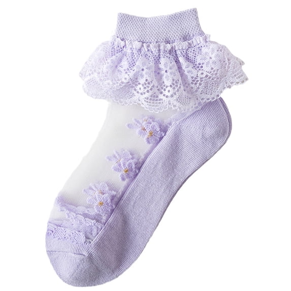 Girls Ruffle Lace Socks Eyelet Floral Mesh Cotton Frilly Ankle Soft Dress Kids Princess Socks Girls Dress Socks Purple 1Y