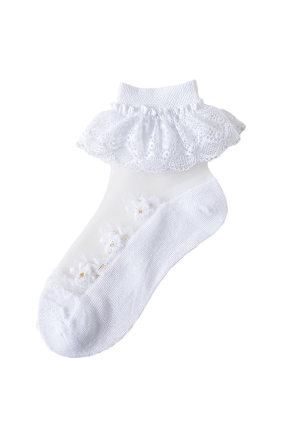 Girls Ruffle Lace Socks Eyelet Floral Mesh Cotton Frilly Ankle Soft Dress Kids Princess Socks Mid Crew Training Socks White 7Y