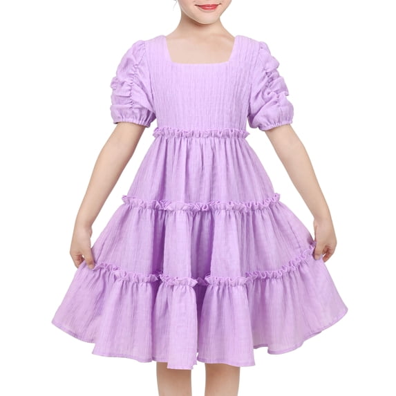 Girls Ruffle Layer Square Loose Puff Short Sleeve Summer Princess 4 Years