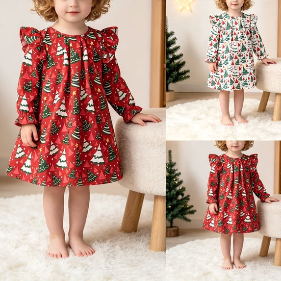 Girls Ruffle Long Sleeve Dress All Over Christmas Tree Printed Lightweight Cute Loose Casual Dresses