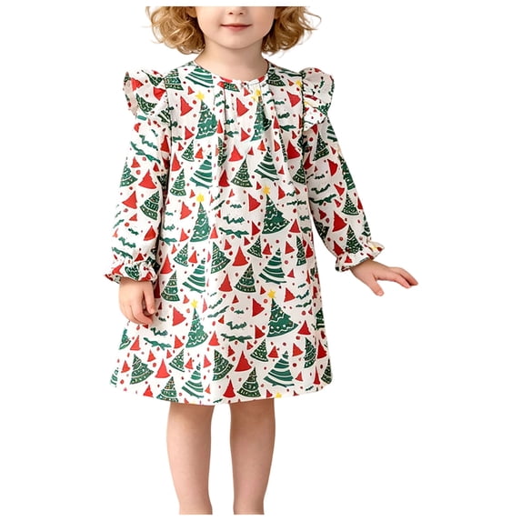 Girls Ruffle Long Sleeve Dress All Over Christmas Tree Printed Lightweight Cute Loose Casual Dresses