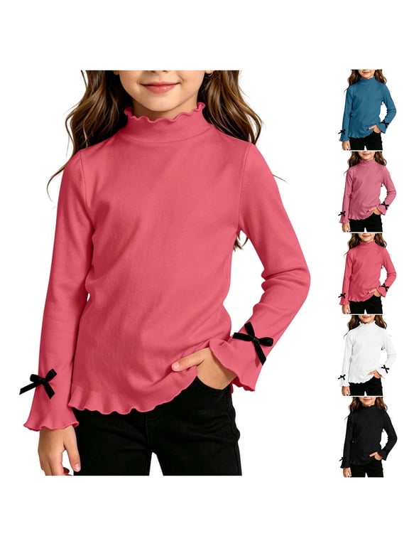 Girls Ruffle Mock Neck Long Sleeve Base Top, Lettuce Trim Flared Cuffs with Bow Decor Stretchy Casual Tee Shirts, Soft Undershirt for Kids School Dressy Outfits Black,3-4 Years
