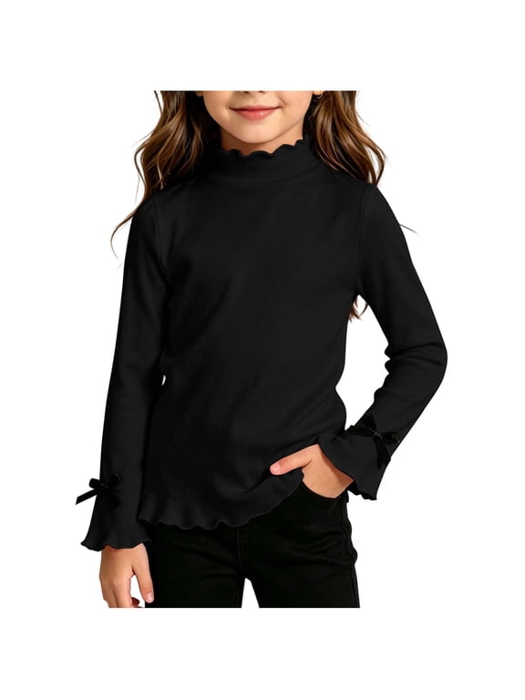 Girls Ruffle Mock Neck Long Sleeve Base Top, Lettuce Trim Flared Cuffs with Bow Decor Stretchy Casual Tee Shirts, Soft Undershirt for Kids School Dressy Outfits Black,1-2 Years