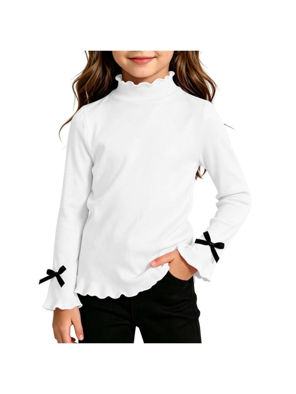 Girls Ruffle Mock Neck Long Sleeve Base Top, Lettuce Trim Flared Cuffs with Bow Decor Stretchy Casual Tee Shirts, Soft Undershirt for Kids School Dressy Outfits White,1-2 Years