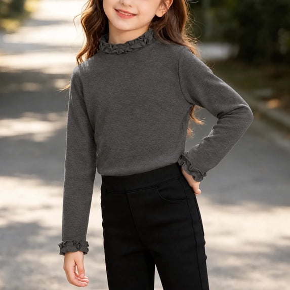 Girls Ruffle Mock Neck Long Sleeve Top, Solid Color Pullover Shirt with Ruffle Cuffs, Casual Fall Winter Kids Clothing | Akmoler,Gray 11-12 Years