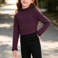 thumbnail image 1 of Girls Ruffle Mock Neck Long Sleeve Top, Solid Color Pullover Shirt with Ruffle Cuffs, Casual Fall Winter Kids Clothing | Akmoler,Purple 7--8 Years, 1 of 9