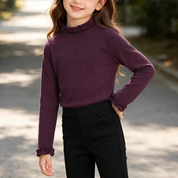 Girls Ruffle Mock Neck Long Sleeve Top, Solid Color Pullover Shirt with Ruffle Cuffs, Casual Fall Winter Kids Clothing | Akmoler,Purple 7--8 Years