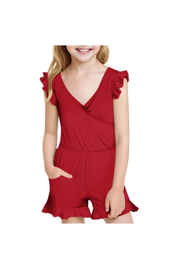 Girls Ruffle Modest Swimsuits One Piece Bathing Suits Boyleg Swim Romper Swimwear with Pocket, Red, 7 Years