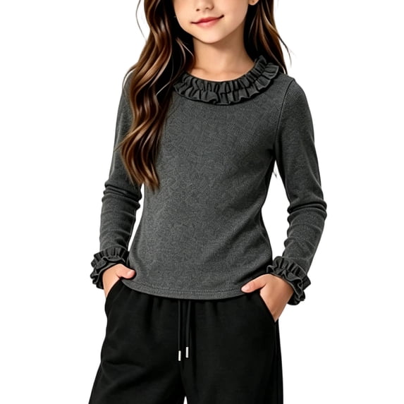 Girls Ruffle Neck Long Sleeve Shirts, Kids Soft Slim‑Fit Pullover Top, Solid Color Ruffle Cuffs Casual Blouse