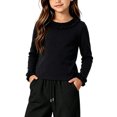 thumbnail image 1 of Girls Ruffle Neck Long Sleeve Shirts, Kids Soft Slim‑Fit Pullover Top, Solid Color Ruffle Cuffs Casual Blouse, 1 of 9