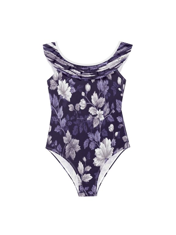 Girls Ruffle One-Piece Swimsuit Girls' One-Piece Swimwear Printed Kids Bathing Suit Soft Stretchy Swimwear for Beach Pool Colorful Vector Floral Art 6Years