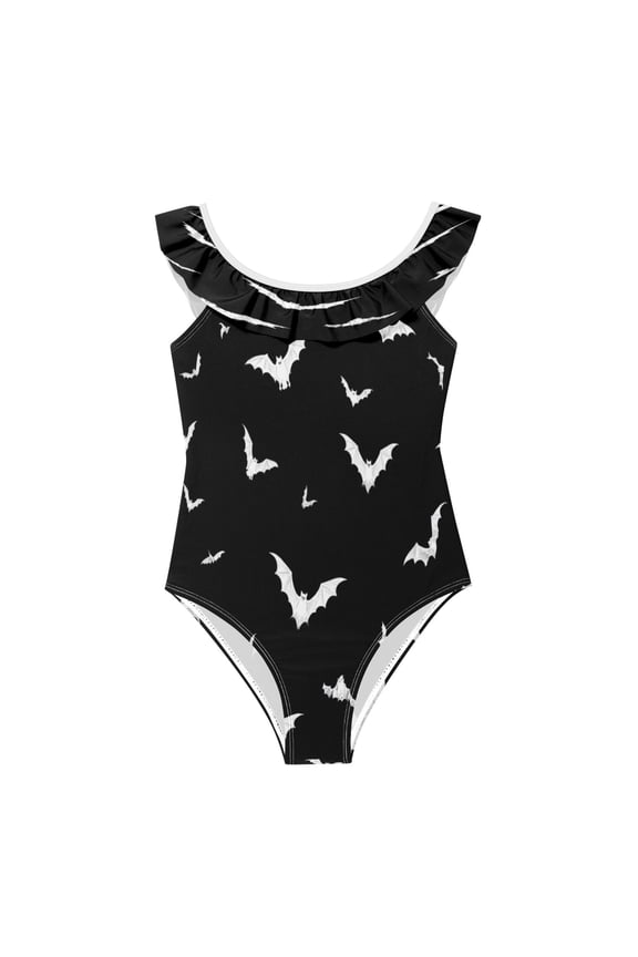 Girls Ruffle One-Piece Swimsuit Girls' One-Piece Swimwear Printed Kids Bathing Suit Soft Stretchy Swimwear for Beach Pool Moonlight Bat Background 6Years