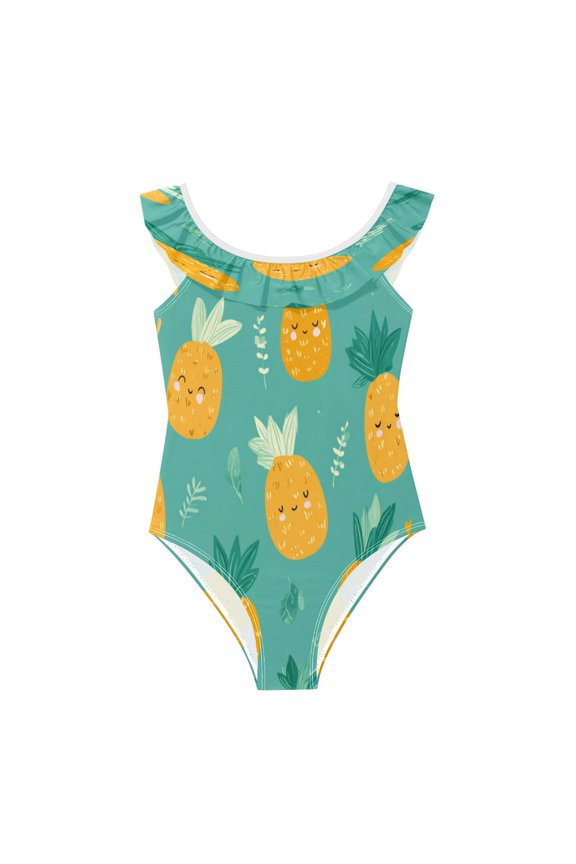 Girls Ruffle One-Piece Swimsuit Girls' One-Piece Swimwear Printed Kids Bathing Suit Soft Stretchy Swimwear for Beach Pool Pineapple Pattern Cartoon 4Years
