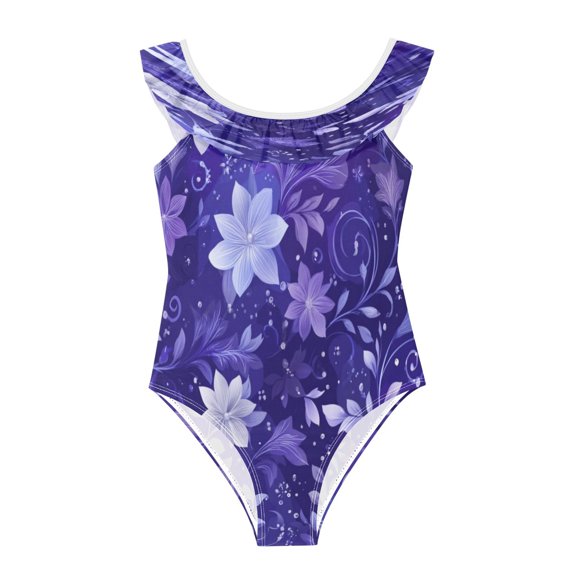 Girls Ruffle One-Piece Swimsuit Girls' One-Piece Swimwear Printed Kids Bathing Suit Soft Stretchy Swimwear for Beach Pool Seamless Flower Image 4Years
