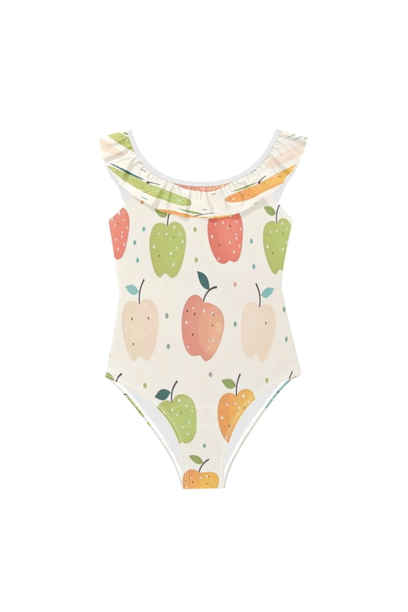 Girls Ruffle One-Piece Swimsuit Girls' One-Piece Swimwear Printed Kids Bathing Suit Soft Stretchy Swimwear for Beach Pool Coloured Apple 3Years