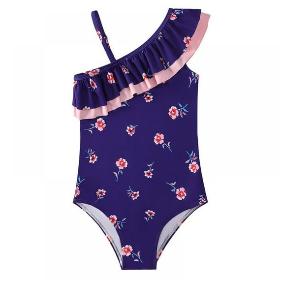 Girls Ruffle One Piece Swimsuit One-Shoulder Bathing Suit Floral Swimwear
