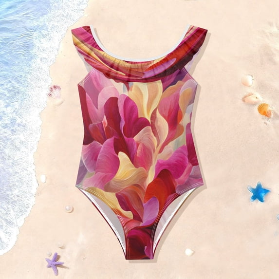 Girls Ruffle One Piece Swimsuit, Stretchy Fabric for Beach & Pool Activities An Acrylic Painting
