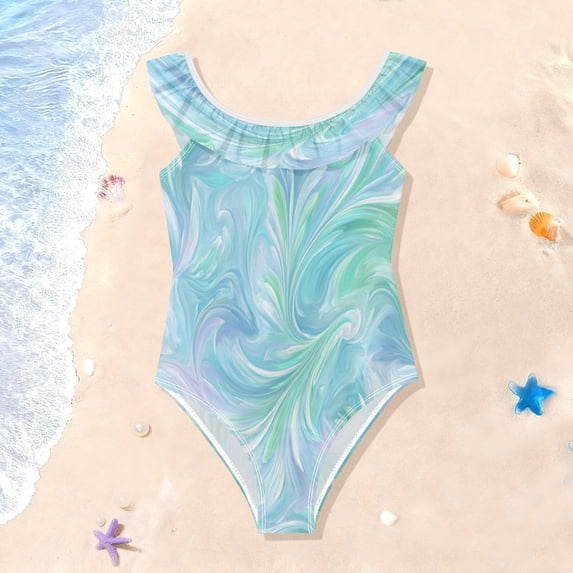Girls Ruffle One Piece Swimsuit, Stretchy Fabric for Beach & Pool Activities Aqua Swirl Feather Design