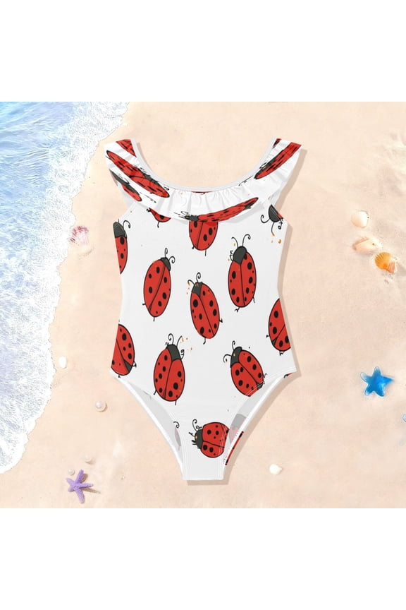 Girls Ruffle One Piece Swimsuit, Stretchy Fabric for Beach & Pool Activities Cartoon Style Ladybugs