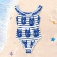 thumbnail image 1 of Girls Ruffle One Piece Swimsuit, Stretchy Fabric for Beach & Pool Activities Cute Cat Faces in Blue, 1 of 8