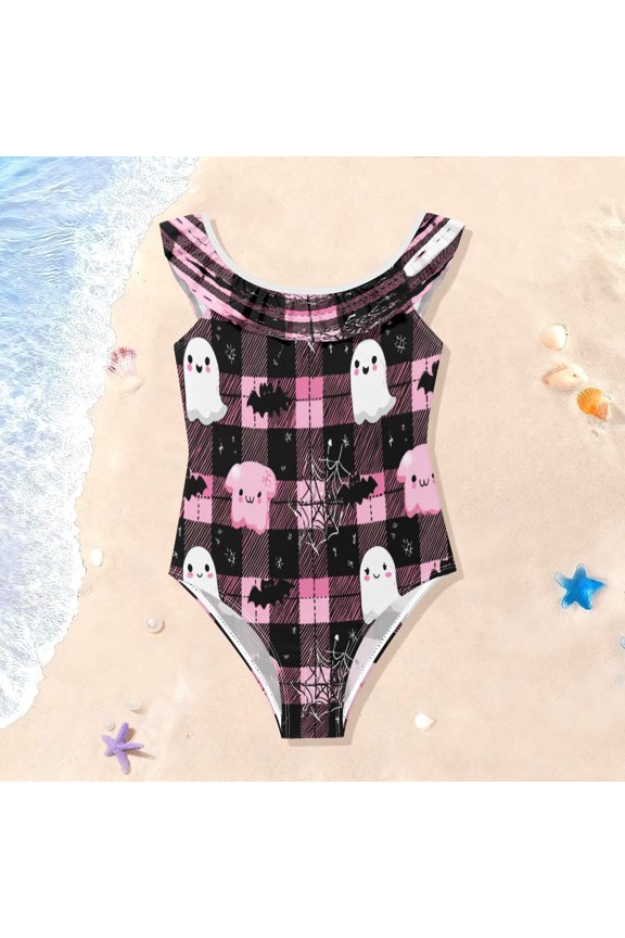 Girls Ruffle One Piece Swimsuit, Stretchy Fabric for Beach & Pool Activities Cute Halloween Ghosts