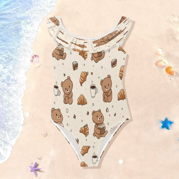 Girls Ruffle One Piece Swimsuit, Stretchy Fabric for Beach & Pool Activities Cute Teddy Bear