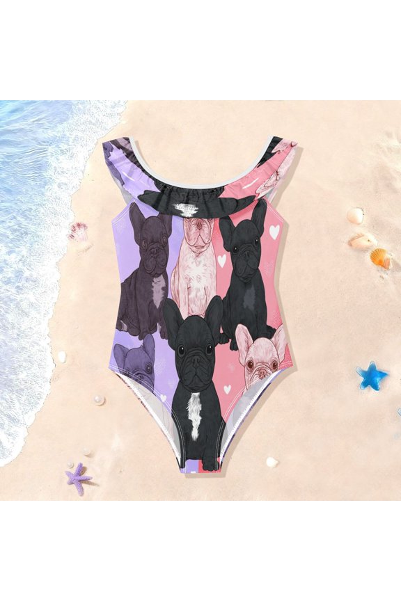 Girls Ruffle One Piece Swimsuit, Stretchy Fabric for Beach & Pool Activities Frenchie Squad Love Hearts
