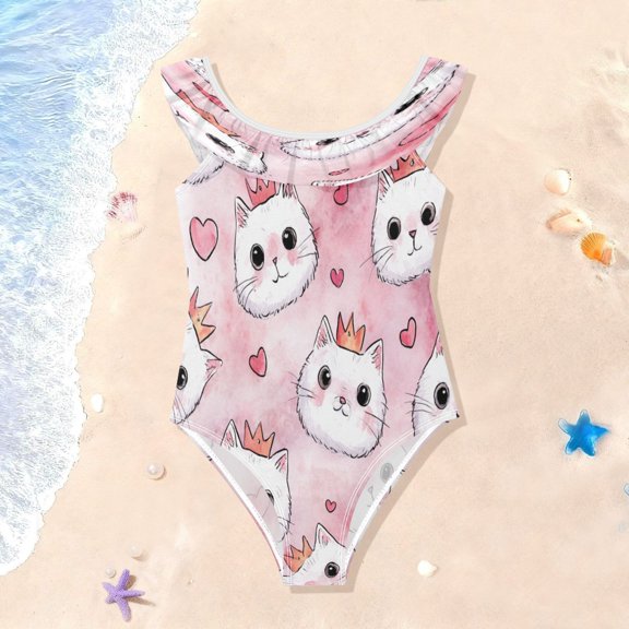Girls Ruffle One Piece Swimsuit, Stretchy Fabric for Beach & Pool Activities Happy Crown Kitty