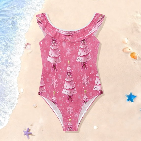 Girls Ruffle One Piece Swimsuit, Stretchy Fabric for Beach & Pool Activities Lovely Pink Christmas Trees Pattern