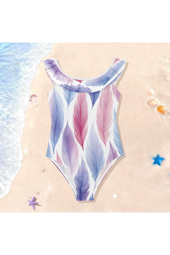 Girls Ruffle One Piece Swimsuit, Stretchy Fabric for Beach & Pool Activities Pink Feather Pattern