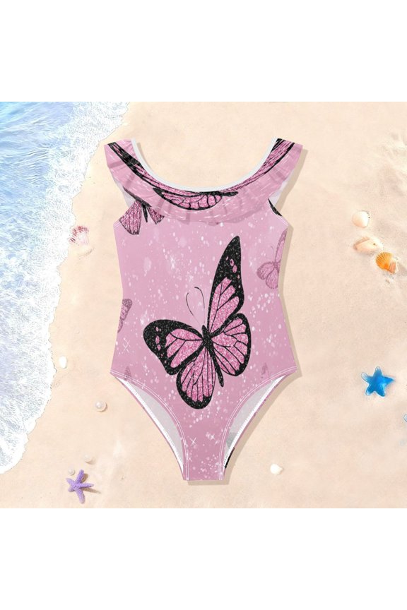 Girls Ruffle One Piece Swimsuit, Stretchy Fabric for Beach & Pool Activities Pink Sequin Butterfly