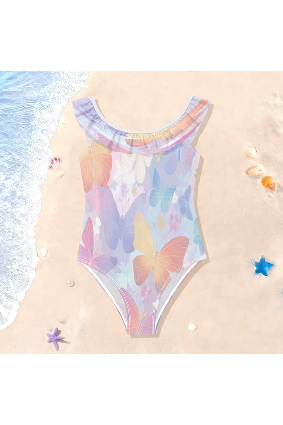 Girls Ruffle One Piece Swimsuit, Stretchy Fabric for Beach & Pool Activities Rainbow Pastel Butterfly Dance
