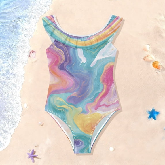 Girls Ruffle One Piece Swimsuit, Stretchy Fabric for Beach & Pool Activities Rainbow-colored Twists