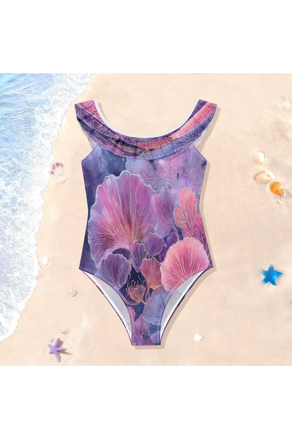 Girls Ruffle One Piece Swimsuit, Stretchy Fabric for Beach & Pool Activities Sea Coral Reefs