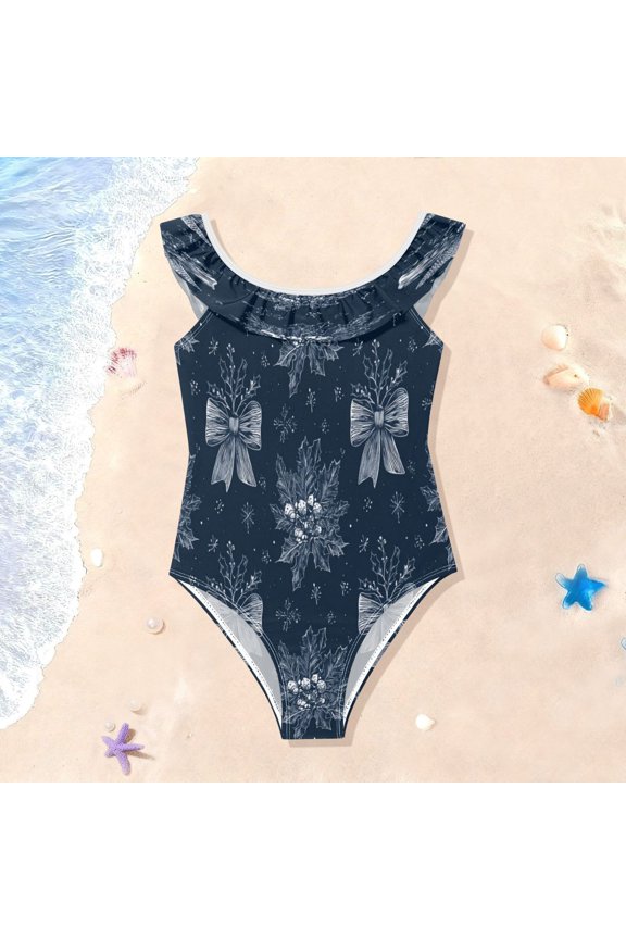 Girls Ruffle One Piece Swimsuit, Stretchy Fabric for Beach & Pool Activities Silver Christmas Bows Pattern