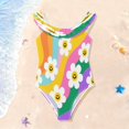 thumbnail image 1 of Girls Ruffle One Piece Swimsuit, Stretchy Fabric for Beach & Pool Activities Smiley Daisy on Rainbow Background, 1 of 8