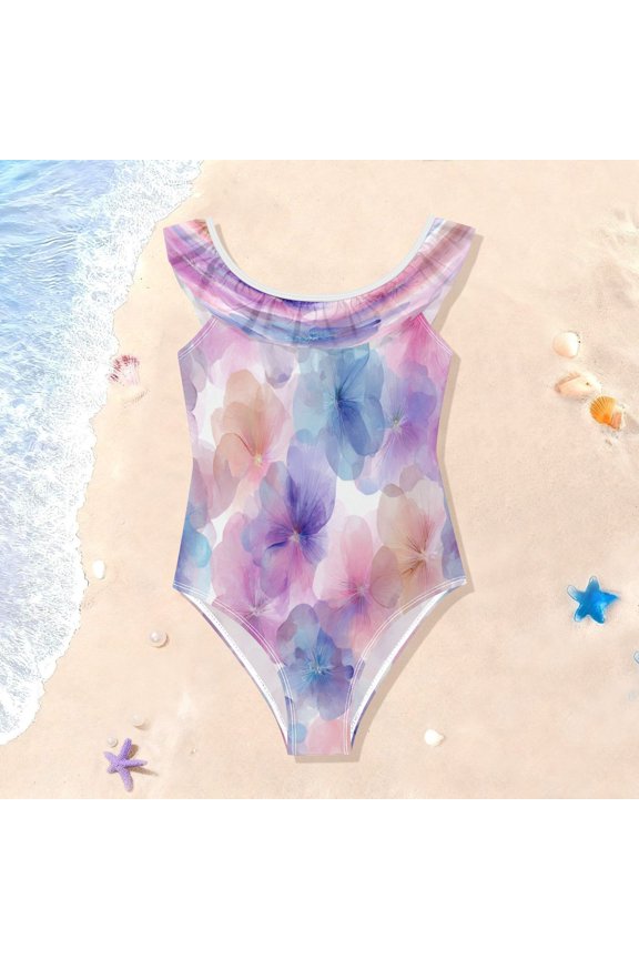 Girls Ruffle One Piece Swimsuit, Stretchy Fabric for Beach & Pool Activities Translucent Bloom Print