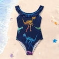 thumbnail image 1 of Girls Ruffle One Piece Swimsuit, Stretchy Fabric for Beach & Pool Activities Vividly Colored Dinosaur Bones, 1 of 8