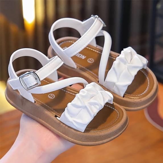 Girls Ruffle Open Toe Sandals Adjustable Buckle Summer Shoes For Toddler White Size 9.5-10 Years