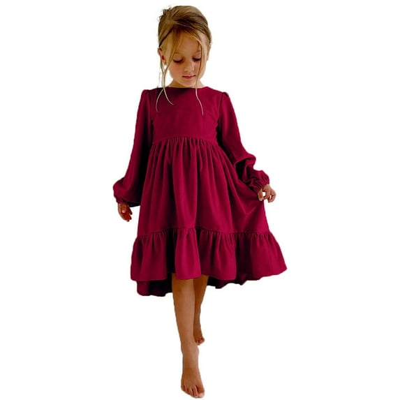 Girls Ruffle Princess Dress Long Sleeve Casual Dresses Party Midi Dress