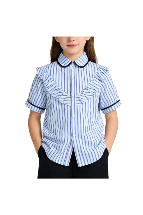 Girls Ruffle Shirt Striped Short Sleeve Light Blue Peter Pan Collar Button Down Blouse for Kids to Big Kid School Uniform Preppy Top,Size 5-6 T