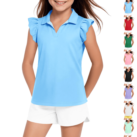 Girls Ruffle Short Sleeve Polo Shirt Kids V-Neck Golf Tennis Shirts Tops School Uniform Tees 5-14 Years Blue 130